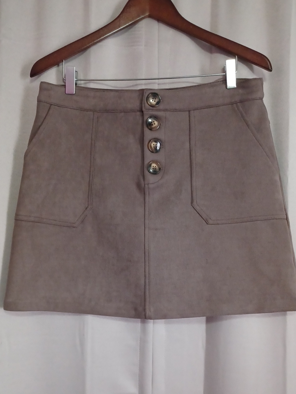HYFVE Taupe Faux Suede A-Line Mini Skirt Button Closure Pockets High Waisted - Picture 1 of 16